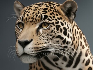 close up portrait of a leopard, isolated grey background