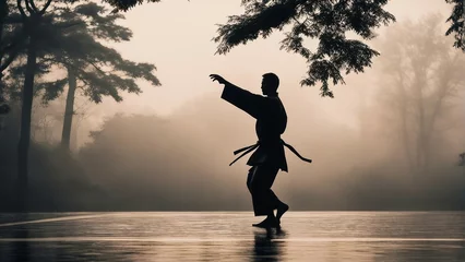 Rucksack silhouette of far eastern man doing karate in nature at sunrise © abu