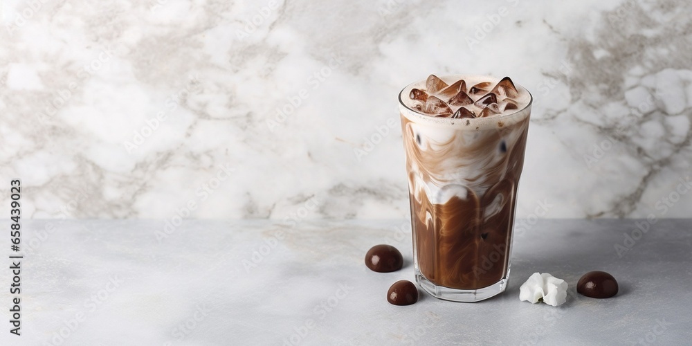 Poster iced cocoa in clear glass on marble, copy space for your text : generative ai
