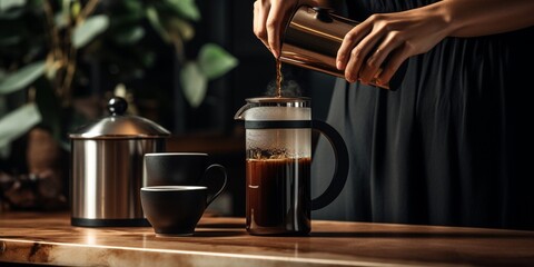 Close up of woman pouring coffee into cup from french press : Generative AI - obrazy, fototapety, plakaty