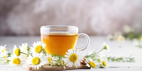 Chamomile herbal tea with flower buds, honey and lemon on a white wooden table and a bouquet of chamomile. Useful herbal, soothing drinks and natural healer concept. Immunity tea.Close : Generative AI - obrazy, fototapety, plakaty