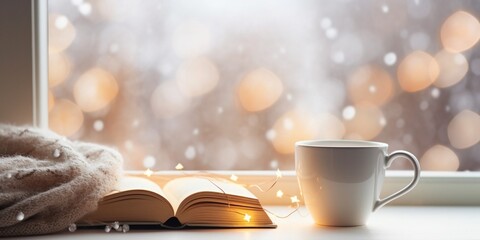 Coffee cup, books, sparkle fairy lights on window sill on blurred background. Christmas season. Concept warm and cozy home, reading books, winter holidays, hygge, evening rest and comf : Generative AI - obrazy, fototapety, plakaty