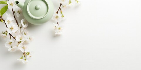 Green Tea and Cherry Blossom on white table, top view, copy space. Japanese cast iron teapot and cups, asian green tea composition with sakura bloom and petals. : Generative AI