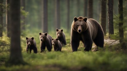 brown bear and bear cubs in the forest at sunset