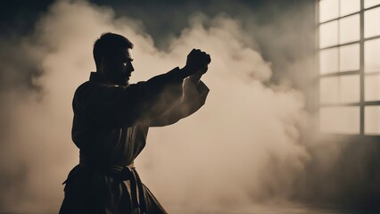 silhouette of far eastern man doing karate in nature at sunrise - obrazy, fototapety, plakaty