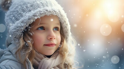 Close up smiling little girl in warm hat looking at tiny snowflakes flying around at the winter park background.