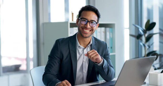 Happy, office laptop and business man, bank consultant or admin worker with career smile, job experience or pride. Corporate portrait, administration and professional person working on online account