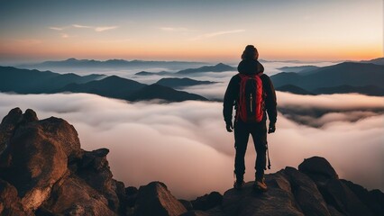 hiker watches the foggy sunrise from the top of the mountain