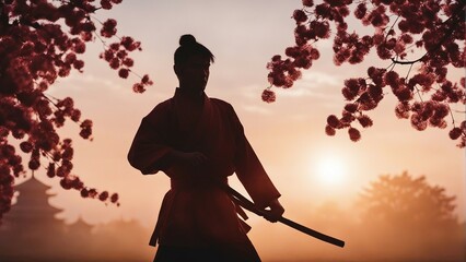 silhouette of far eastern man doing karate in nature at sunrise