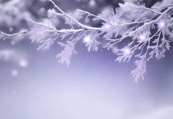 Branches with snow, illuminations, blurred winter background, and light particles. Generative AI