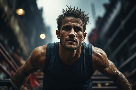 sweaty Athlete looking to camera, getting ready to start competition