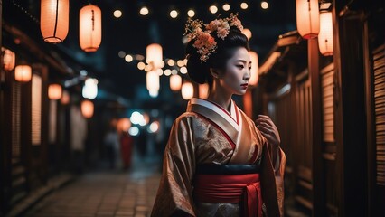 Portrait of Geisha at the street, night time - obrazy, fototapety, plakaty