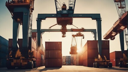 Containers unloaded from cargo ships at the commercial port, golden hour.