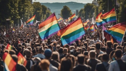 Among the streets, hundreds of people march with LGBTQ flags in the pride parade. - obrazy, fototapety, plakaty