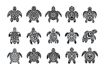 A collection of tribal turtle tattoo vector illustrations