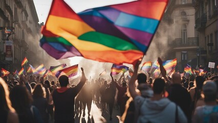 Among the streets, hundreds of people march with LGBTQ flags in the pride parade. - obrazy, fototapety, plakaty