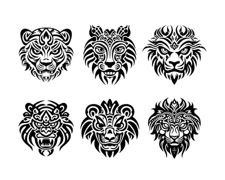 A collection of tribal lion tattoo vector illustrations