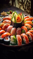 Overhead japanese sushi food. rolls with tuna, salmon, shrimp. Top view of assorted sushi