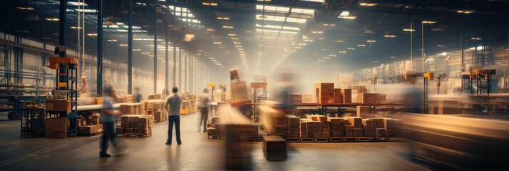 Blurred people working in warehouse  - obrazy, fototapety, plakaty