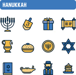 Hanukkah icons. Festival of Lights vector set. Color icon design. Festival of Lamps. Jewish holiday