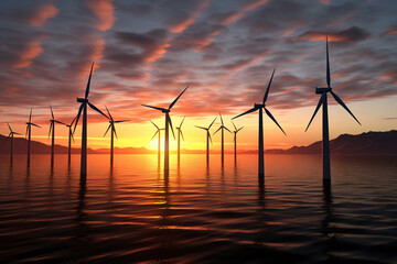 Wind turbine farm over sunset, Sunrise Over a Wind Farm