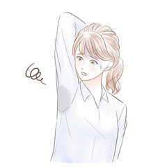 ワイシャツに脇汗が染みて焦る女性