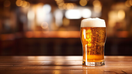 glass of beer on wooden table with blur pub background