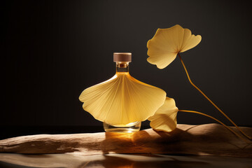 Ginkgo biloba essential extract in a decorative bottle with leaves. Minimal neutral herbal or natural medicine arrangement. Ginkgo biloba. - obrazy, fototapety, plakaty