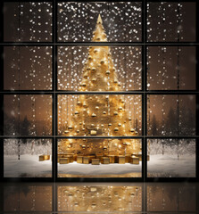 Christmas and New Year composition with golden Christmas tree and decoration.