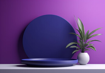 Purple round podium with leaves around it for product placement, branding and packaging presentation. Minimal display podium mock-up template for product advertisement.
