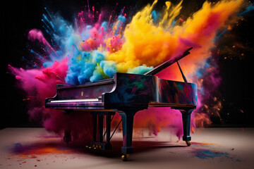 A piano with an explosion of colors. The concept of energetic and dynamic music, creativity and art.