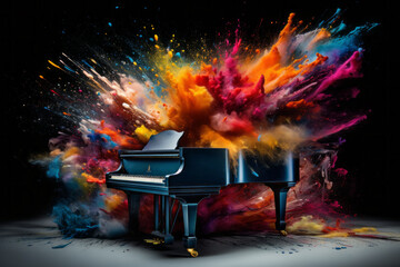A piano with an explosion of colors. The concept of energetic and dynamic music, creativity and art.