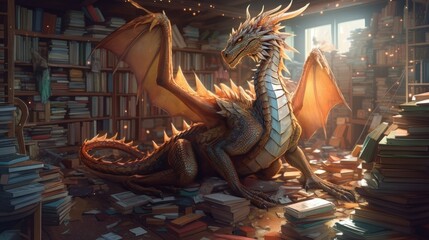 A dragon with a horde of books. Generative AI.  - obrazy, fototapety, plakaty