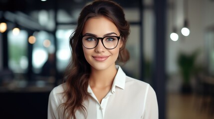 Young happy cheerful professional business woman wearing glasses looking at camera, close up face portrait indoors. - obrazy, fototapety, plakaty