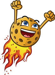 A pickleball launching like a rocket into the sky with a flaming vapor trail and two fists up like a super hero taking flight vector cartoon
