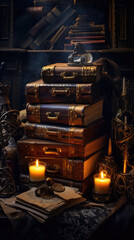 Fototapeta na wymiar Enchanting, mystical fantasy storybook-style desk adorned with treasures, books, candles, and a working atmosphere