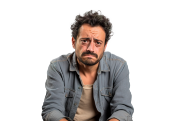 Sad mature man looking at camera with depressed facial expression. White transparent background