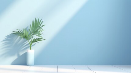 Fototapeta na wymiar A simple abstract light blue background for product presentations with complex lights and shadows from windows and plants on the walls.