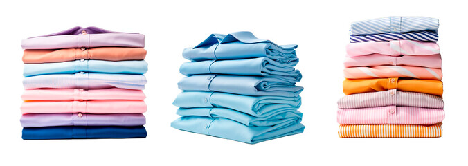 Three piles of ironing shirts over white transparent background