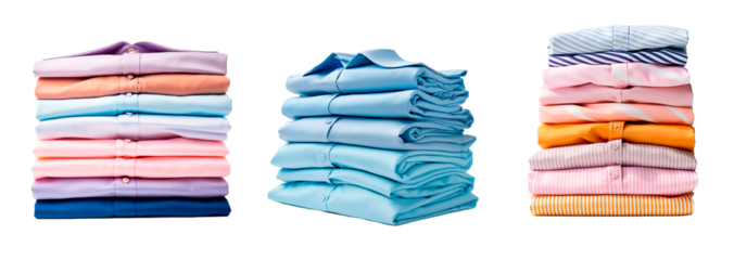 Three piles of ironing shirts over white transparent background