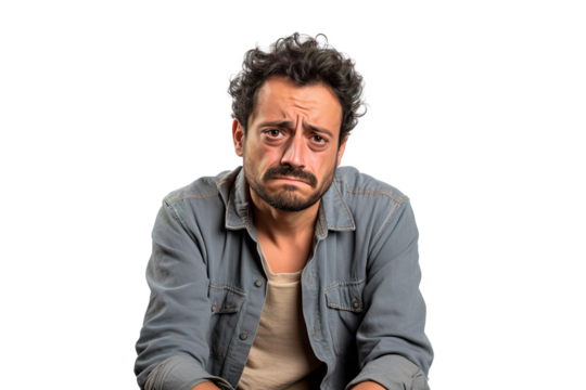 Sad mature man looking at camera with depressed facial expression. White transparent background