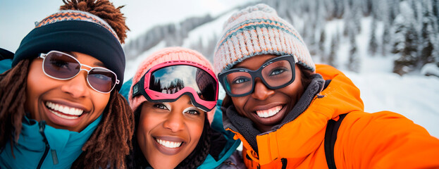 Selfie of three African American girl friends having fun in ski resort for winter holidays - obrazy, fototapety, plakaty