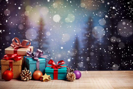 Colourful Christmas gift wrapped boxes with ribbons and bows baubles and pine cones snowing background scene with Bokeh lights Christmas greeting card desktop wallpaper Christmas and new yhear scene