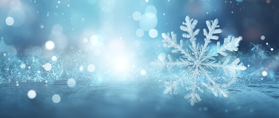 Fototapeta na wymiar a snowflake with blue background and snowflakes