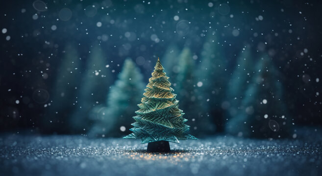 an image of a christmas tree with a beautiful snowfall, in the style of gold and azure, macro lens, dark teal and light emerald