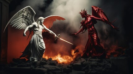 Angel and demons fighting, fight between creatures, bible, Canva