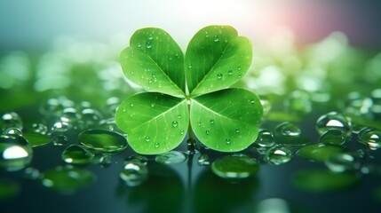Good luck symbol. Close up of green four-leaf clover with dew drops background. Minimal concept of serendipity, bringing or attracting good luck, prosperity and protection - obrazy, fototapety, plakaty