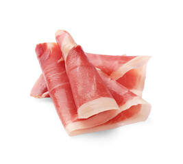 Slices of delicious jamon on white background