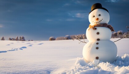 Obraz premium Christmas decoration with a cute cheerful snowman in the snow in the winter forest. AI generated