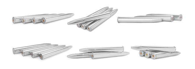 Fototapeta premium Set of many bullets on white background. Firearm ammunition